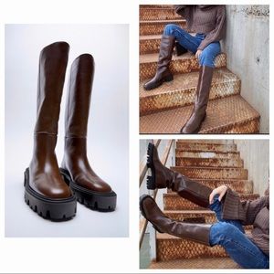 NWT ZARA LOW HEELED LEATHER TALL BOOT BROWN